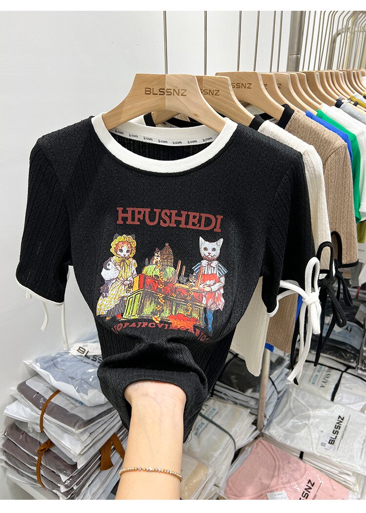 2023 레트로 동물 반팔 티셔츠 여성 여름 새로운 세련된 인쇄 디자인 감각 틈새 탑 반팔 - imaget 6