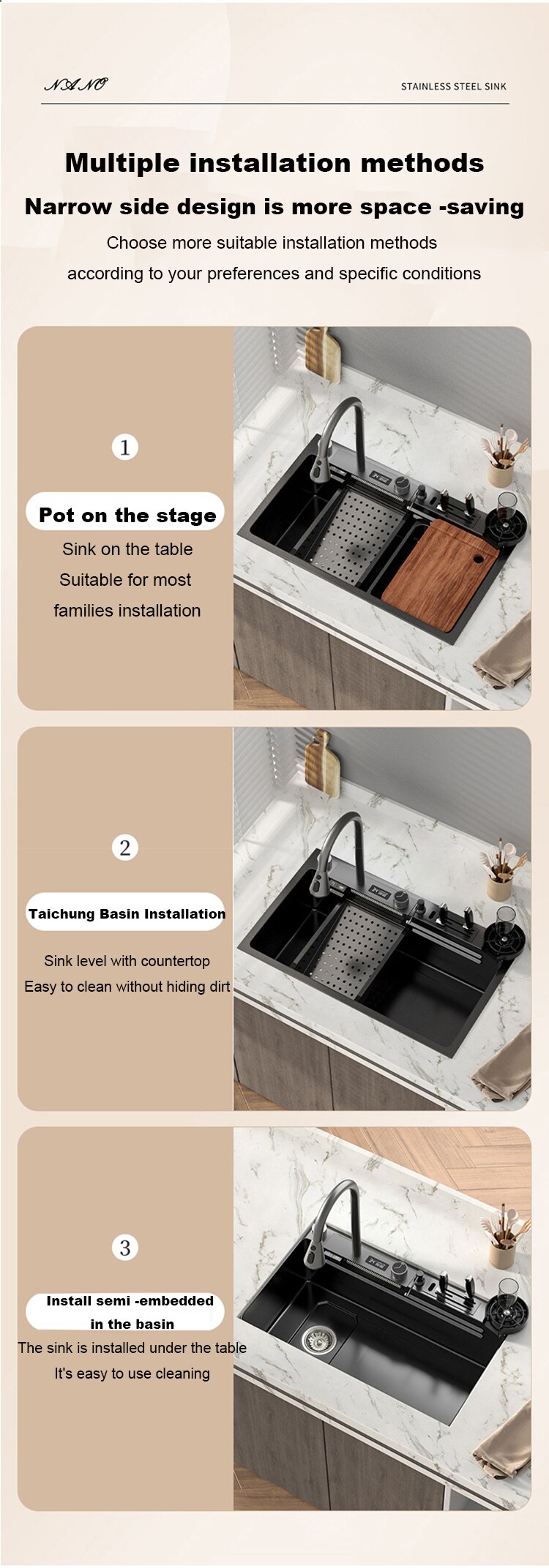 304 Stainless Steel Kitchen Waterfall Sink Digital Display Large Single Sink Dish Basin Sink With Multifunction Touch Waterfall - Images 15