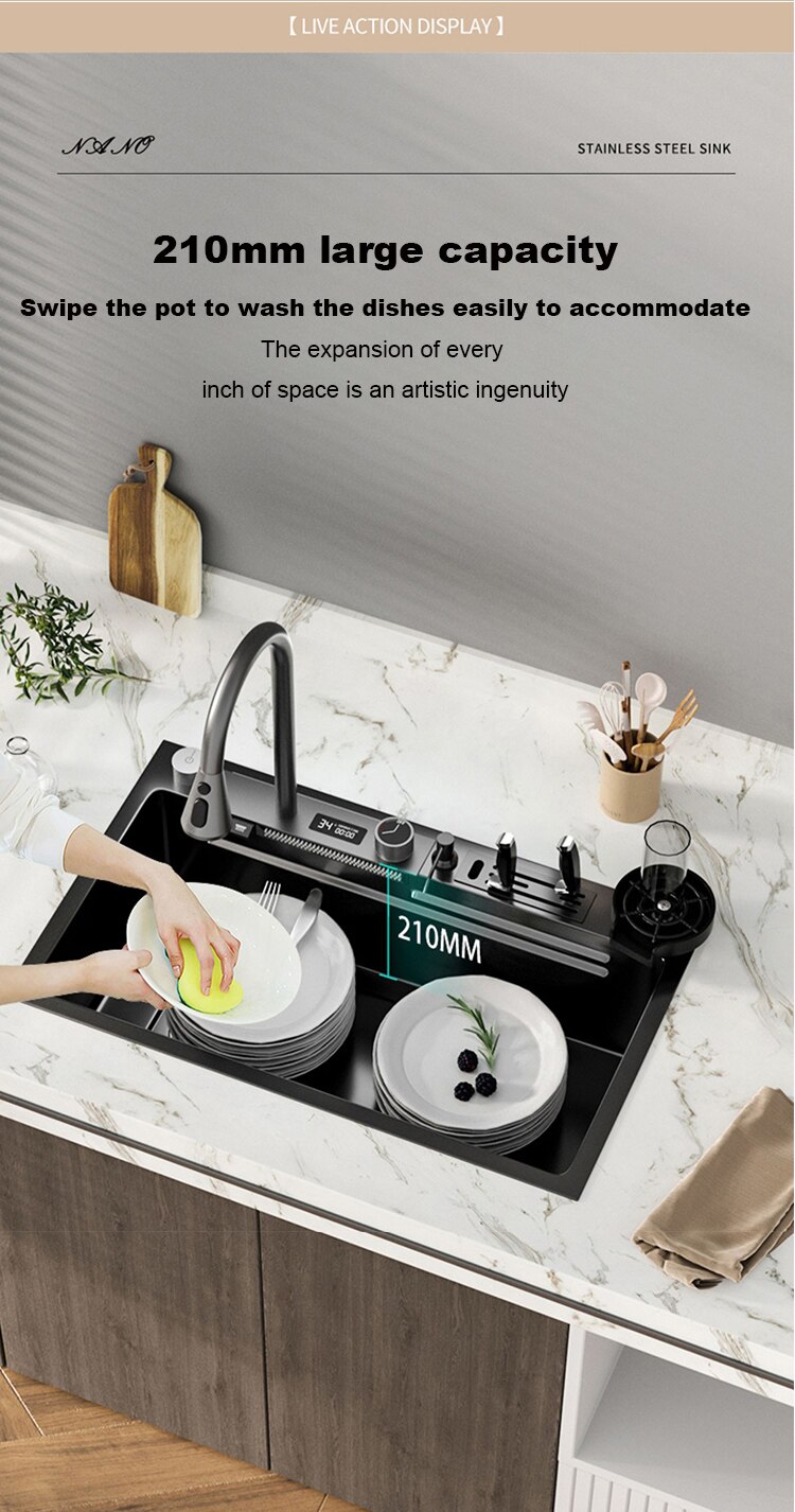 304 Stainless Steel Kitchen Waterfall Sink Digital Display Large Single Sink Dish Basin Sink With Multifunction Touch Waterfall - Images 14