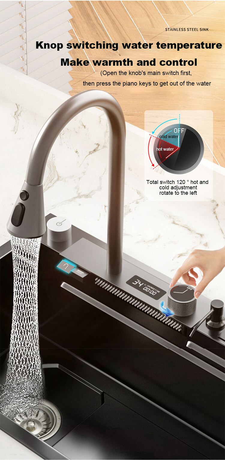 304 Stainless Steel Kitchen Waterfall Sink Digital Display Large Single Sink Dish Basin Sink With Multifunction Touch Waterfall - Images 9
