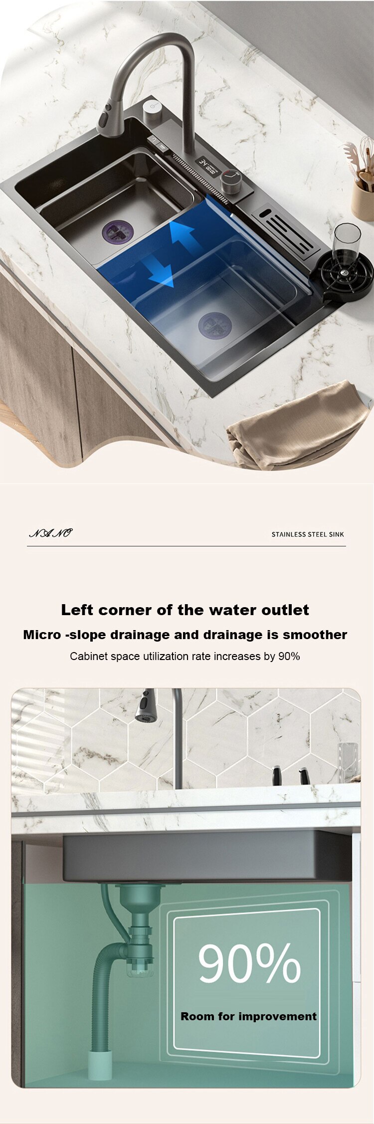 304 Stainless Steel Kitchen Waterfall Sink Digital Display Large Single Sink Dish Basin Sink With Multifunction Touch Waterfall - Images 13