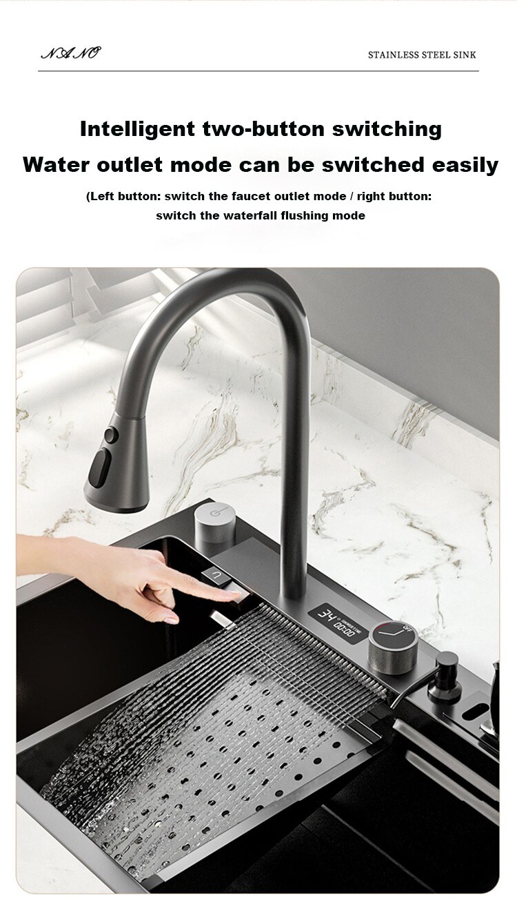304 Stainless Steel Kitchen Waterfall Sink Digital Display Large Single Sink Dish Basin Sink With Multifunction Touch Waterfall - Images 8