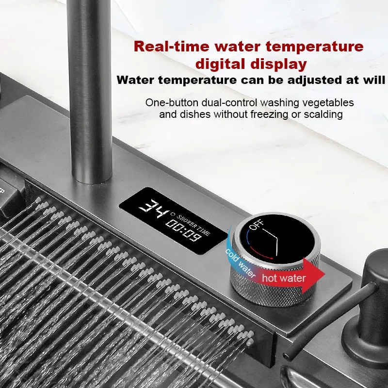 304 스테인레스 스틸 주방 폭포 싱크 디지털 디스플레이 다기능 터치 폭포와 대형 단일 싱크 접시 분지 싱크