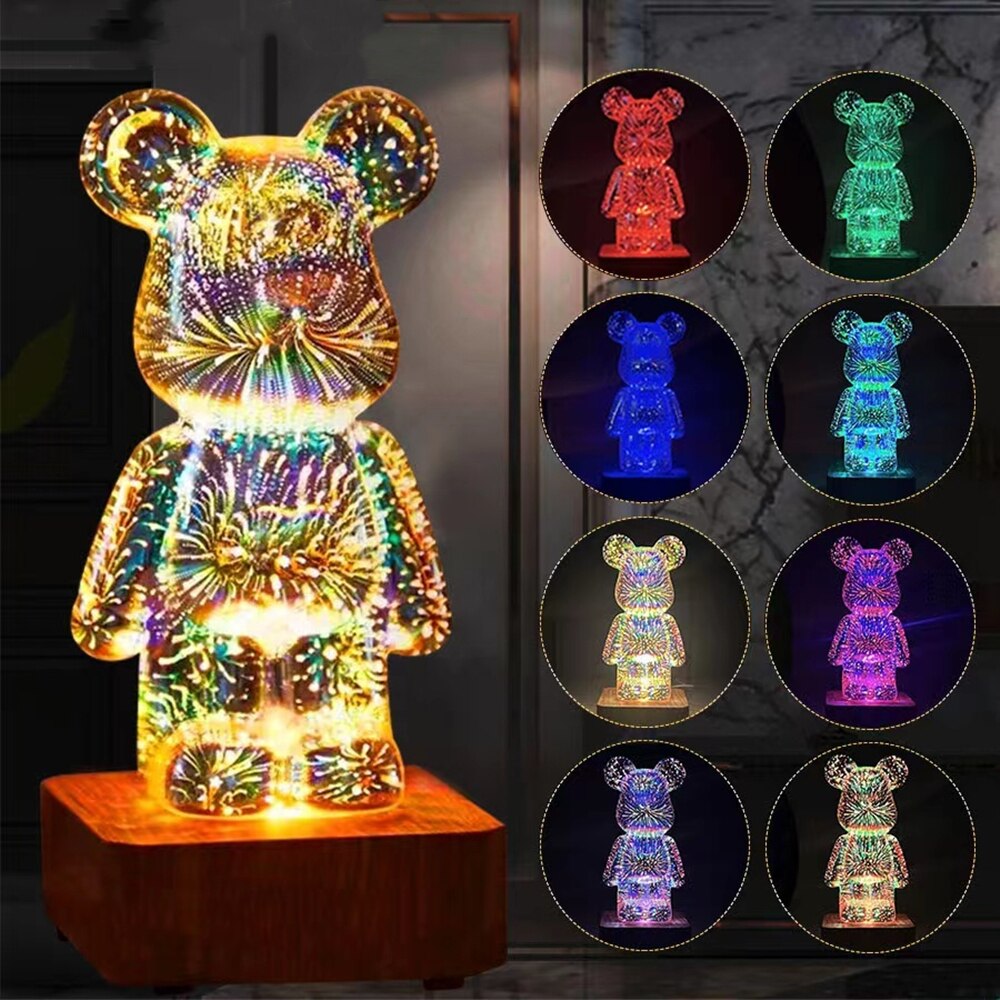 3D Fireworks Bear Night Light Projection Colorful USB Atmosphere Dimming Decor Room 3D Glass Fireworks Bedroom Decoration Lamp - Images 5