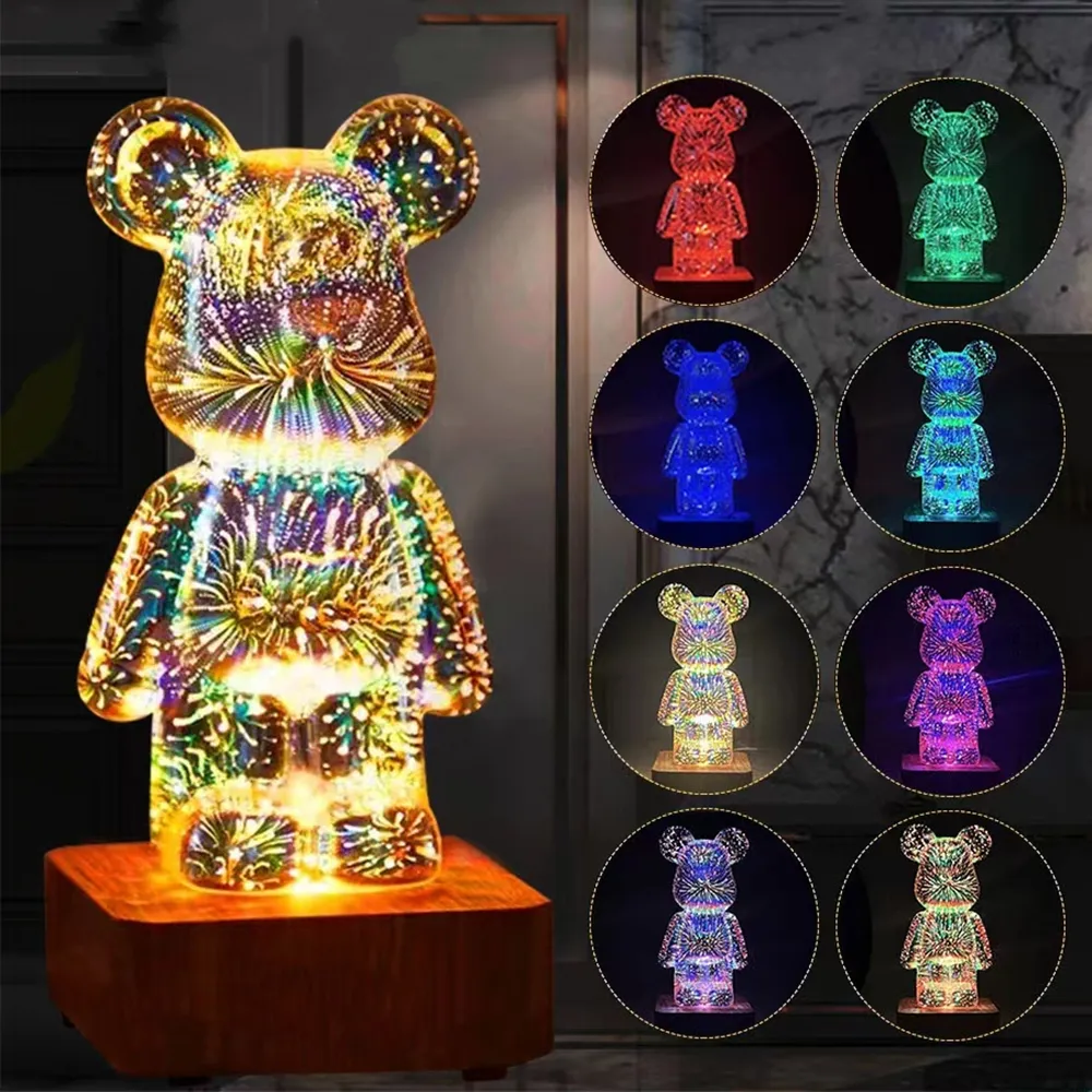 3D Fireworks Bear Night Light Projection Colorful USB Atmosphere Dimming Decor Room 3D Glass Fireworks Bedroom Decoration Lamp