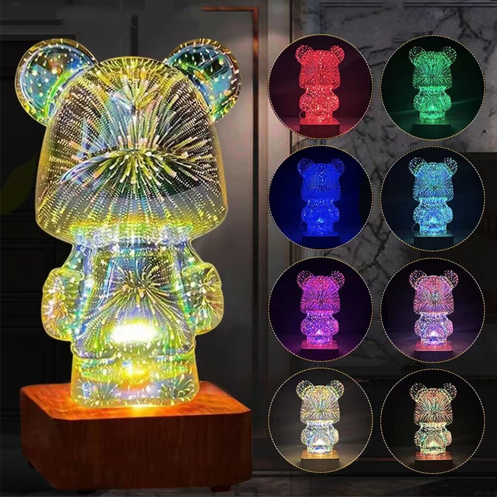 3D 불꽃 놀이 곰 밤 빛 프로젝션 다채로운 USB 분위기 디밍 장식 룸 3D 유리 불꽃 놀이 침실 장식 램프 - imaget 6