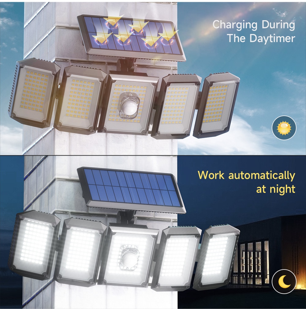 5 Heads Solar 300 LED Light Outdoor Motion Sensor Waterproof Wide-angle Illumination Wall Lamp Garden Courtyard Street Lights - Images 2