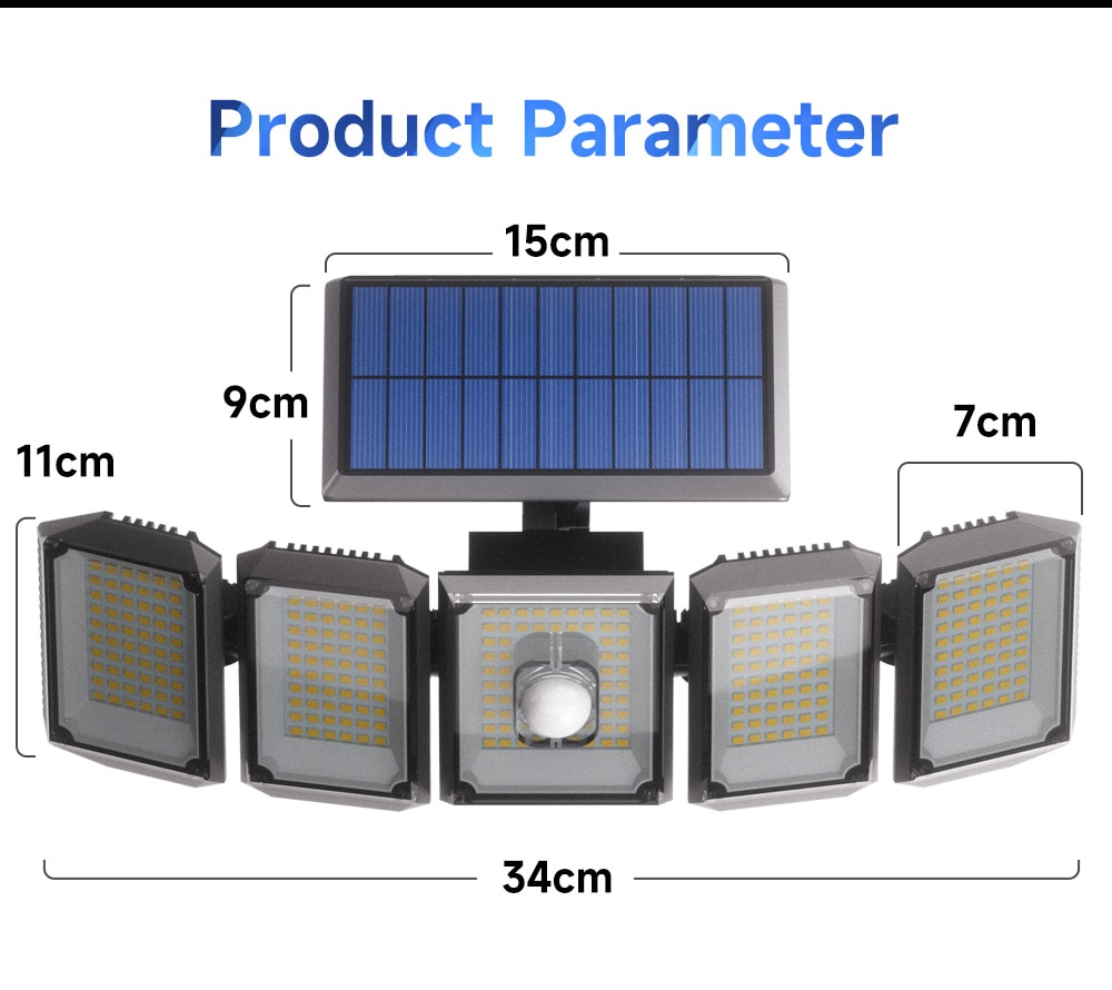 5 Heads Solar 300 LED Light Outdoor Motion Sensor Waterproof Wide-angle Illumination Wall Lamp Garden Courtyard Street Lights - Images 9