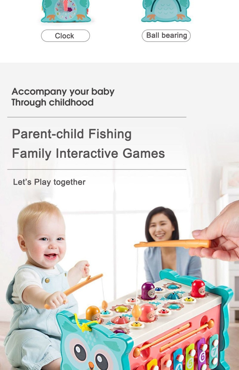 Baby Montessori Toys Magnetic Fishing Owl Cube Learning Educational Clock Kids Hammer Game with Music Puzzle for Piano Gift - Images 8