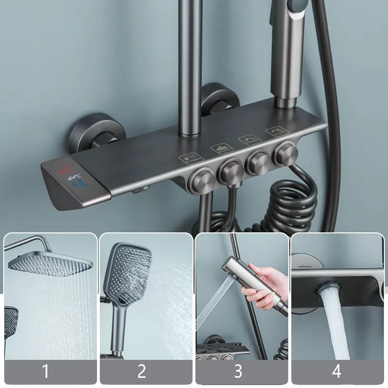Cao Cấp Sang Trọng Nhiệt Độ Bộ Sen Tắm 4 Cách Treo Tường Vòi Rửa Chén Bằng Đồng Mưa Hệ Thống Bộ Bồn Tắm Hỗn Hợp vòi Nước