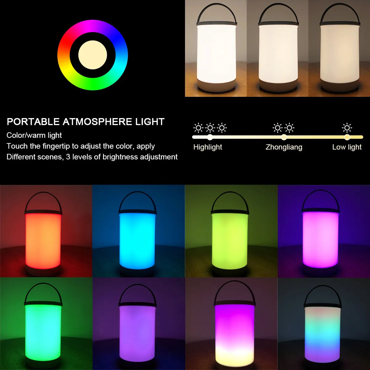 Creative USB Recharge LED Night Light,RGB+White Atmosphere Decor Desk Light Bedroom Bedside Neon Lamp Camping Portable Lamp