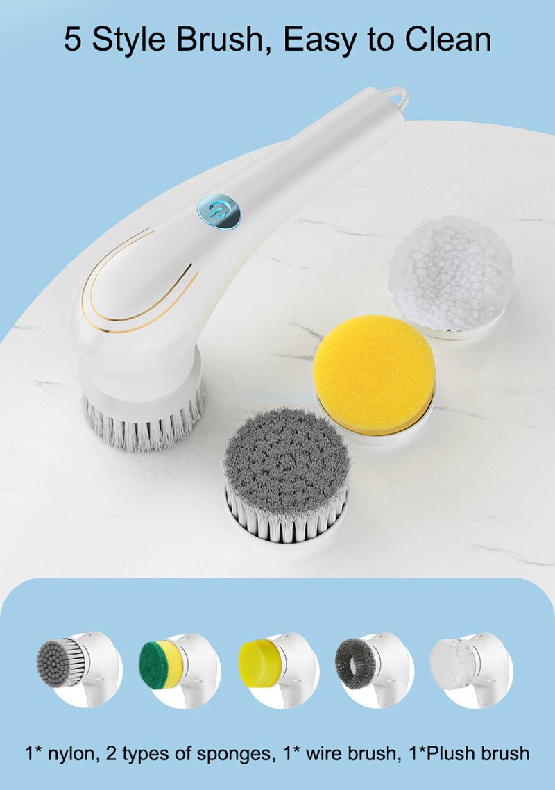 Electric Cleaning Brush 5-in-1 Multi-functional USB Charging Bathroom Wash Tool Kitchen Clean Accessories Easily Dishwashing - Images 4