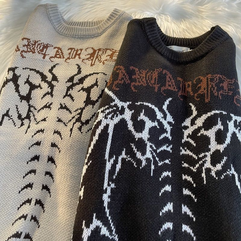 Gothic Letter Pullover Hip Hop Streetwear Bat Skeleton Print New  Knitted Sweater Menautumn Harajuku Cotton Sweater Women 2022 - Images 1