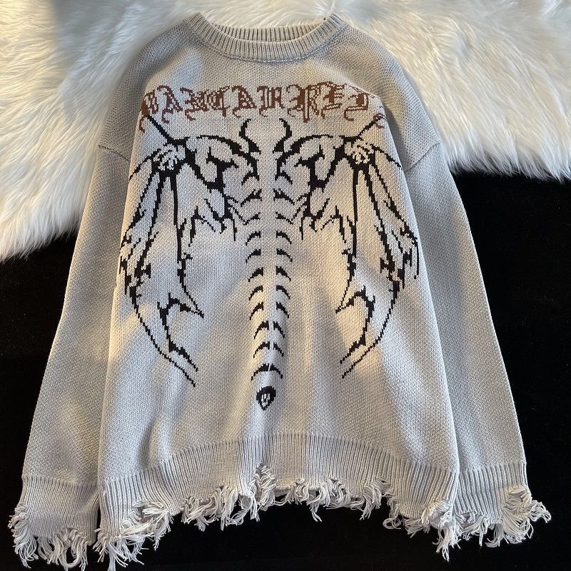 Gothic Letter Pullover Hip Hop Streetwear Bat Skeleton Print New  Knitted Sweater Menautumn Harajuku Cotton Sweater Women 2022 - Images 7