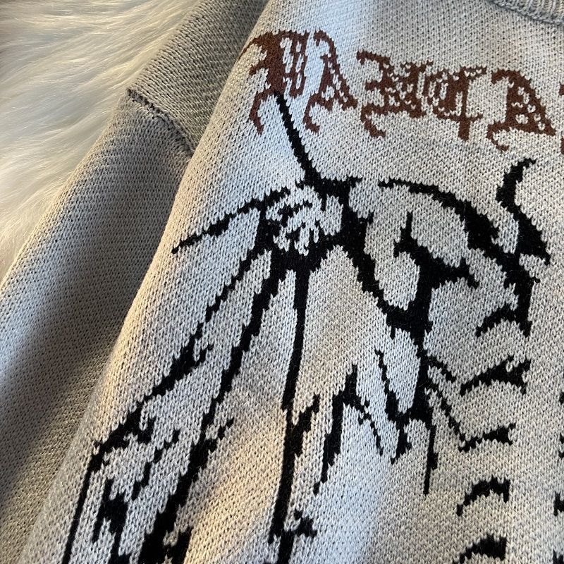 Gothic Letter Pullover Hip Hop Streetwear Bat Skeleton Print New  Knitted Sweater Menautumn Harajuku Cotton Sweater Women 2022 - Images 12
