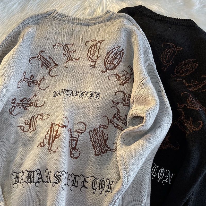 Gothic Letter Pullover Hip Hop Streetwear Bat Skeleton Print New  Knitted Sweater Menautumn Harajuku Cotton Sweater Women 2022 - Images 18