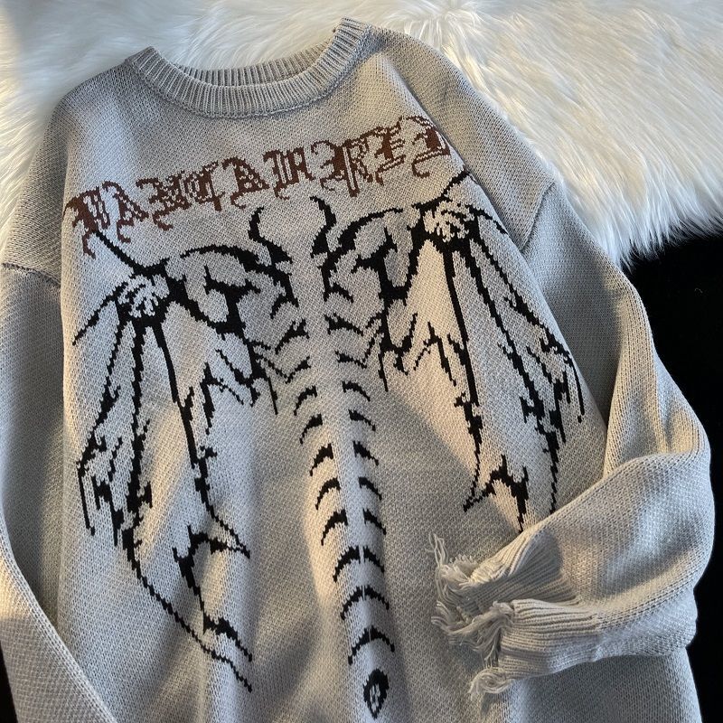 Gothic Letter Pullover Hip Hop Streetwear Bat Skeleton Print New  Knitted Sweater Menautumn Harajuku Cotton Sweater Women 2022 - Images 8