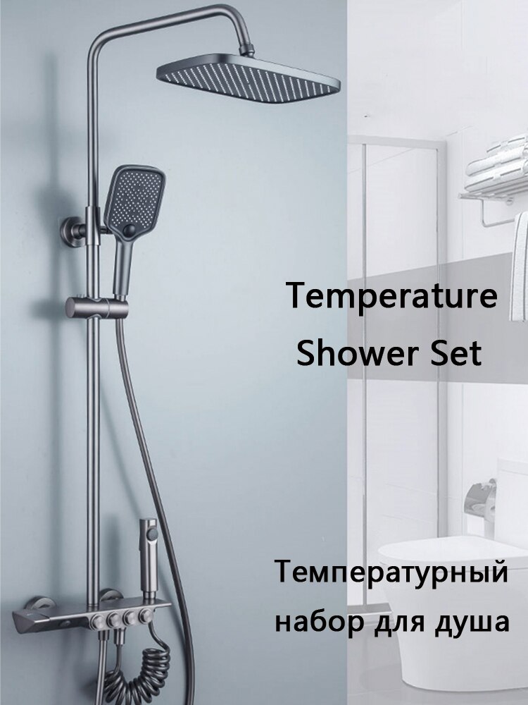 High-end Luxury Temperature Shower Set 4 Way Wall-mounted Bathroom Faucet Brass Rain Shower System Sets Bathtub Mixed Water Tap - Images 2