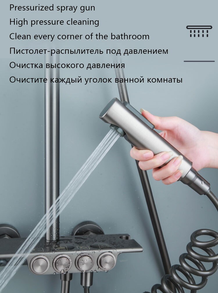 High-end Luxury Temperature Shower Set 4 Way Wall-mounted Bathroom Faucet Brass Rain Shower System Sets Bathtub Mixed Water Tap - Images 8