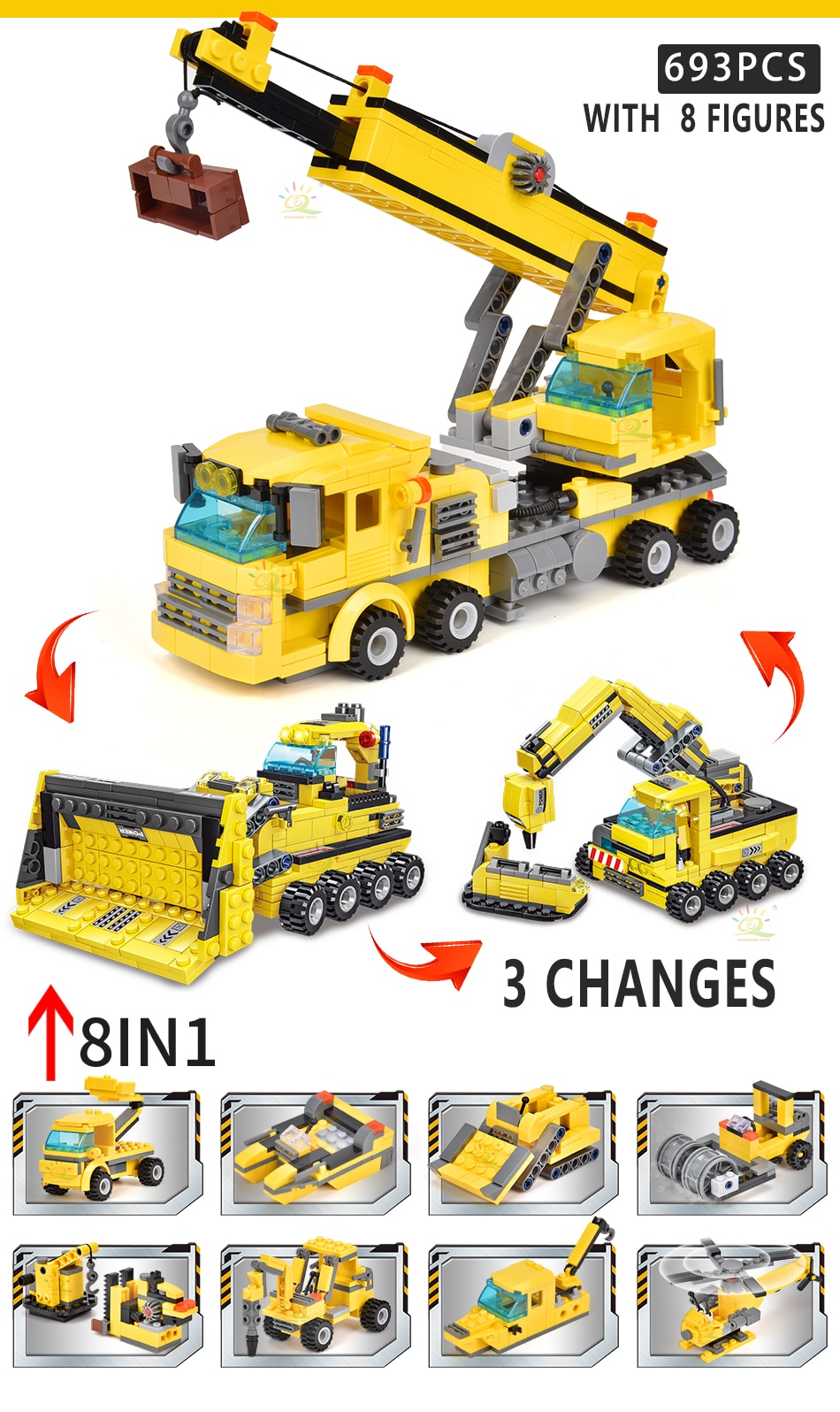 HUIQIBAO ĐỒ CHƠI 693 chiếc 8in1 Kỹ Thuật Xe Khối Xây Dựng Cần Cẩu Xe Ủi Xe Thành Phố Gạch Xây Dựng Bộ Dành Cho Trẻ Em Kids - Ảnh 2
