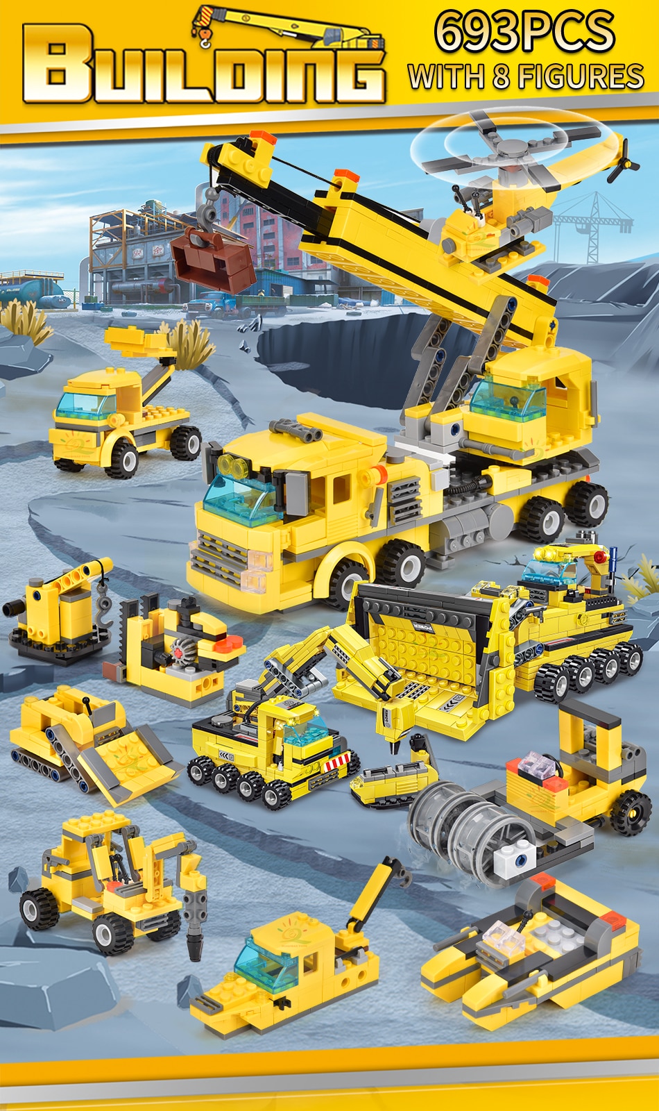 HUIQIBAO TOYS 693pcs 8in1 Engineering Truck Building Blocks Crane Bulldozer Car City Construction Bricks Set For Children Kids - Images 1