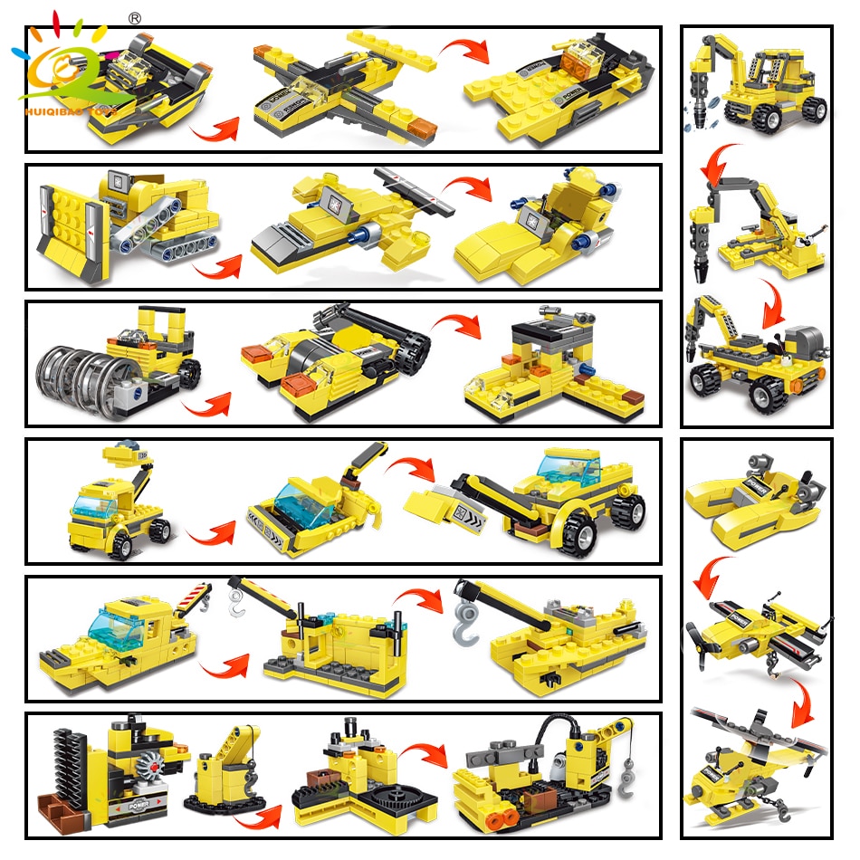 HUIQIBAO TOYS 693pcs 8in1 Engineering Truck Building Blocks Crane Bulldozer Car City Construction Bricks Set For Children Kids