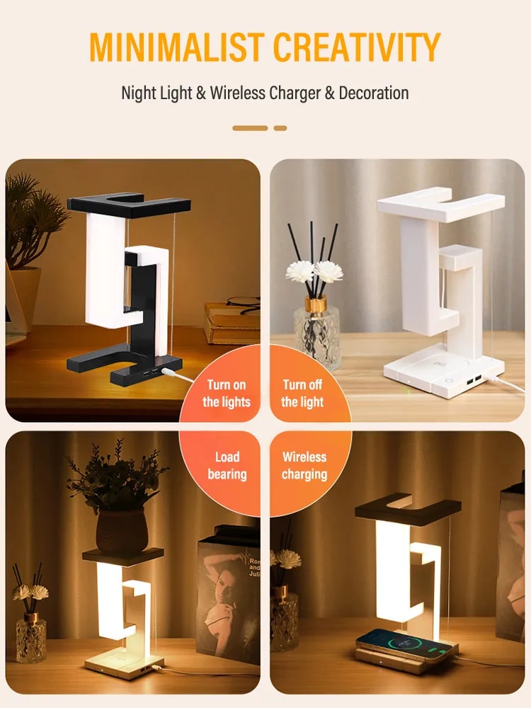 LED Suspended Anti-gravity Night Light with 10W Wireless Charger Desk Lamp Dimmable for Bedroom Bedside Desktop Decoration Gifts