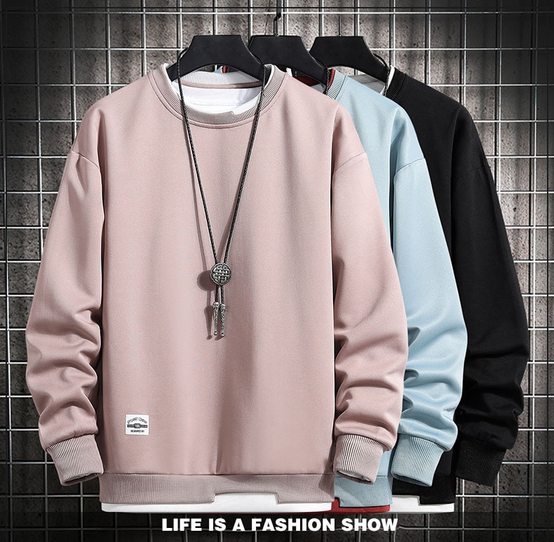 Mens Casual Sweatshirts Hoodie Men Fake Two Pieces Multi Color O-Neck Fashion Harajuku Style Male Sweatshirt 2023 New - Images 1
