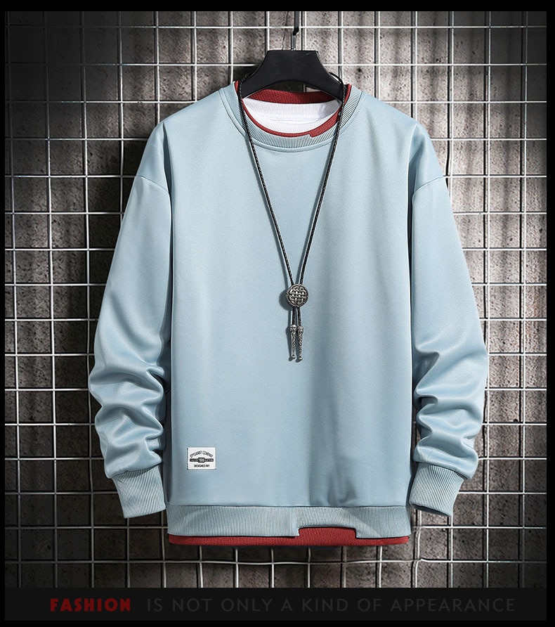 Mens Casual Sweatshirts Hoodie Men Fake Two Pieces Multi Color O-Neck Fashion Harajuku Style Male Sweatshirt 2023 New - Images 6