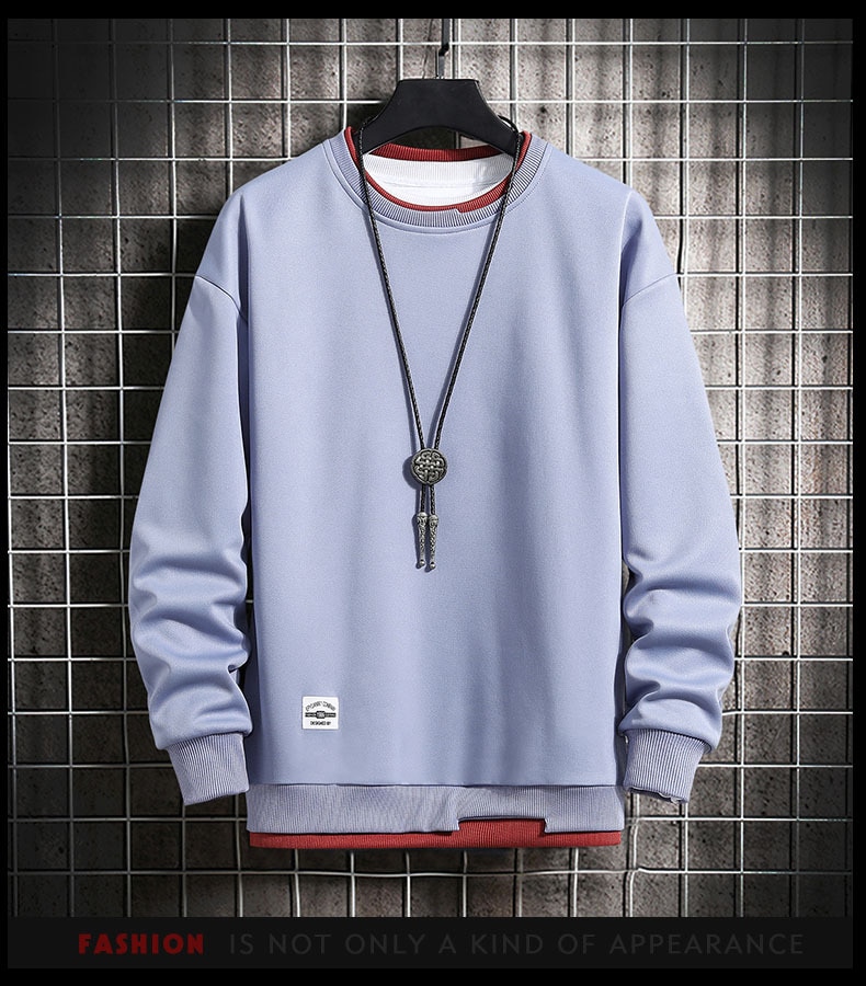 Mens Casual Sweatshirts Hoodie Men Fake Two Pieces Multi Color O-Neck Fashion Harajuku Style Male Sweatshirt 2023 New - Images 8