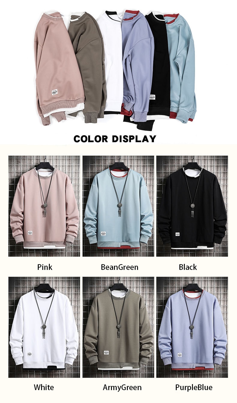 Mens Casual Sweatshirts Hoodie Men Fake Two Pieces Multi Color O-Neck Fashion Harajuku Style Male Sweatshirt 2023 New - Images 2
