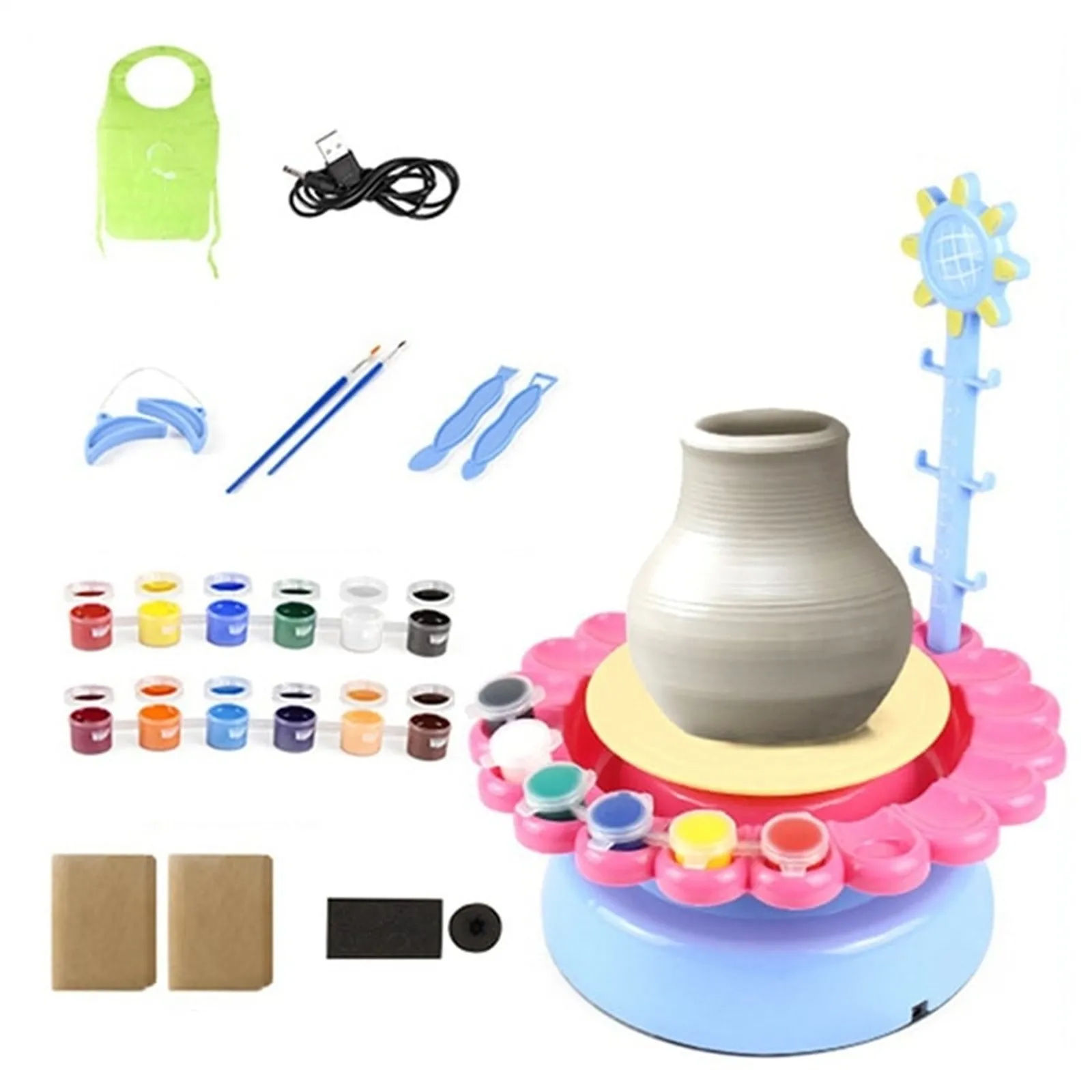 Mini Electric Pottery Machine Household Pottery Making Toy Interactive Game Diy Handicraft Ceramic Kit With Pigment Clay Kid Toy