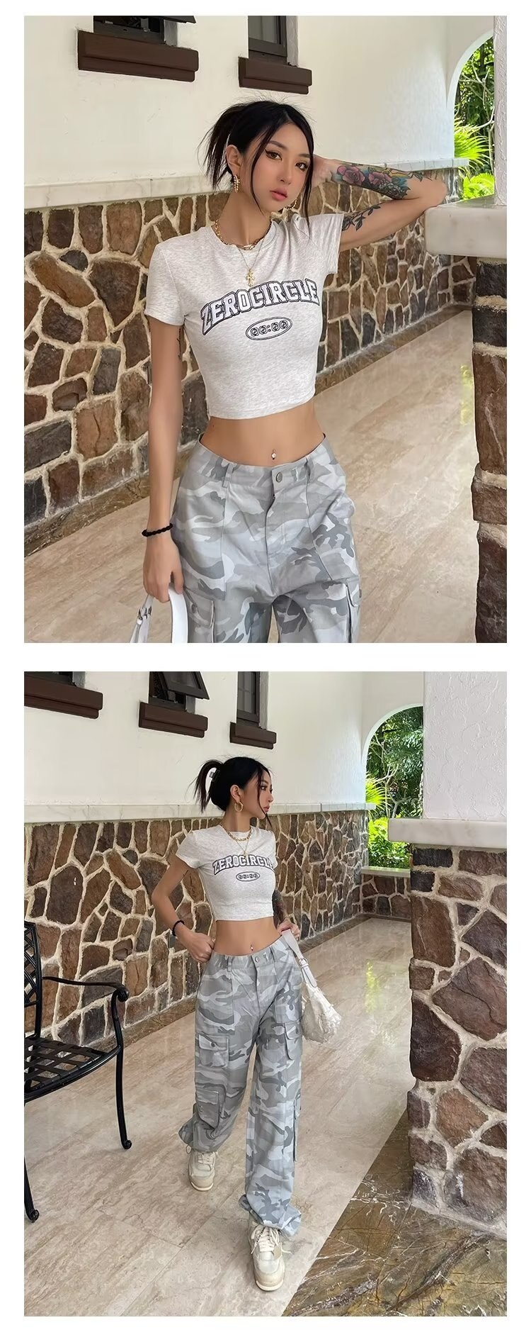 Mùa xuân và mùa thu Spice Girls High Street Đi chơi rộng Quần hàng ngày Ngụy trang In dây rút Thiết kế túi yếm - Ảnh 9