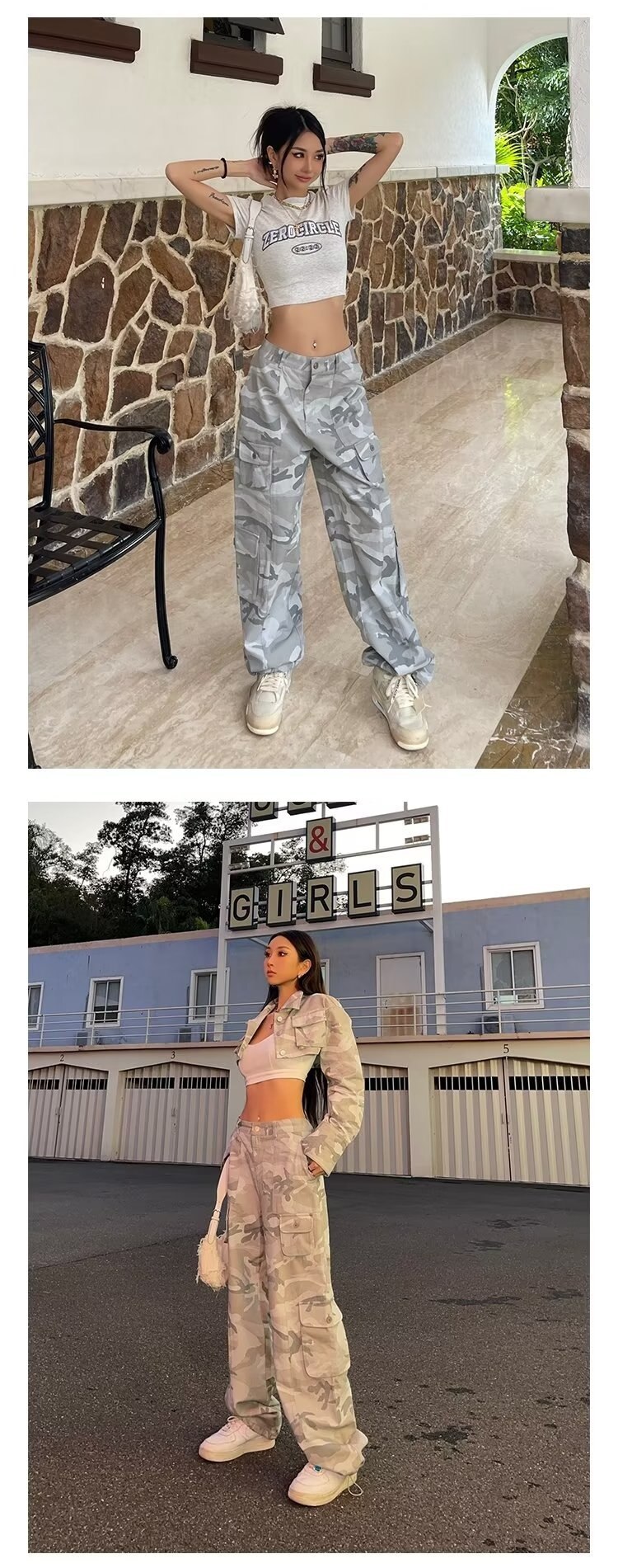 Mùa xuân và mùa thu Spice Girls High Street Đi chơi rộng Quần hàng ngày Ngụy trang In dây rút Thiết kế túi yếm - Ảnh 11