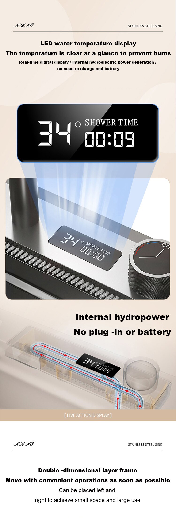 Nhà Bếp Bằng Thép Không Gỉ 304 Thác Tản Màn Hình Hiển Thị Kỹ Thuật Số Lớn Đơn Chậu Rửa Chén Đa Năng Cảm Ứng Thác Nước - Ảnh 12