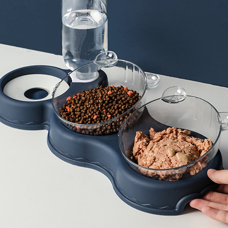 Pet Cat Bowl Automatic Feeder 3-in-1 Dog Cat Food Bowl With Water Fountain Double Bowl Drinking Raised Stand Dish Bowls For Cats - Images 2