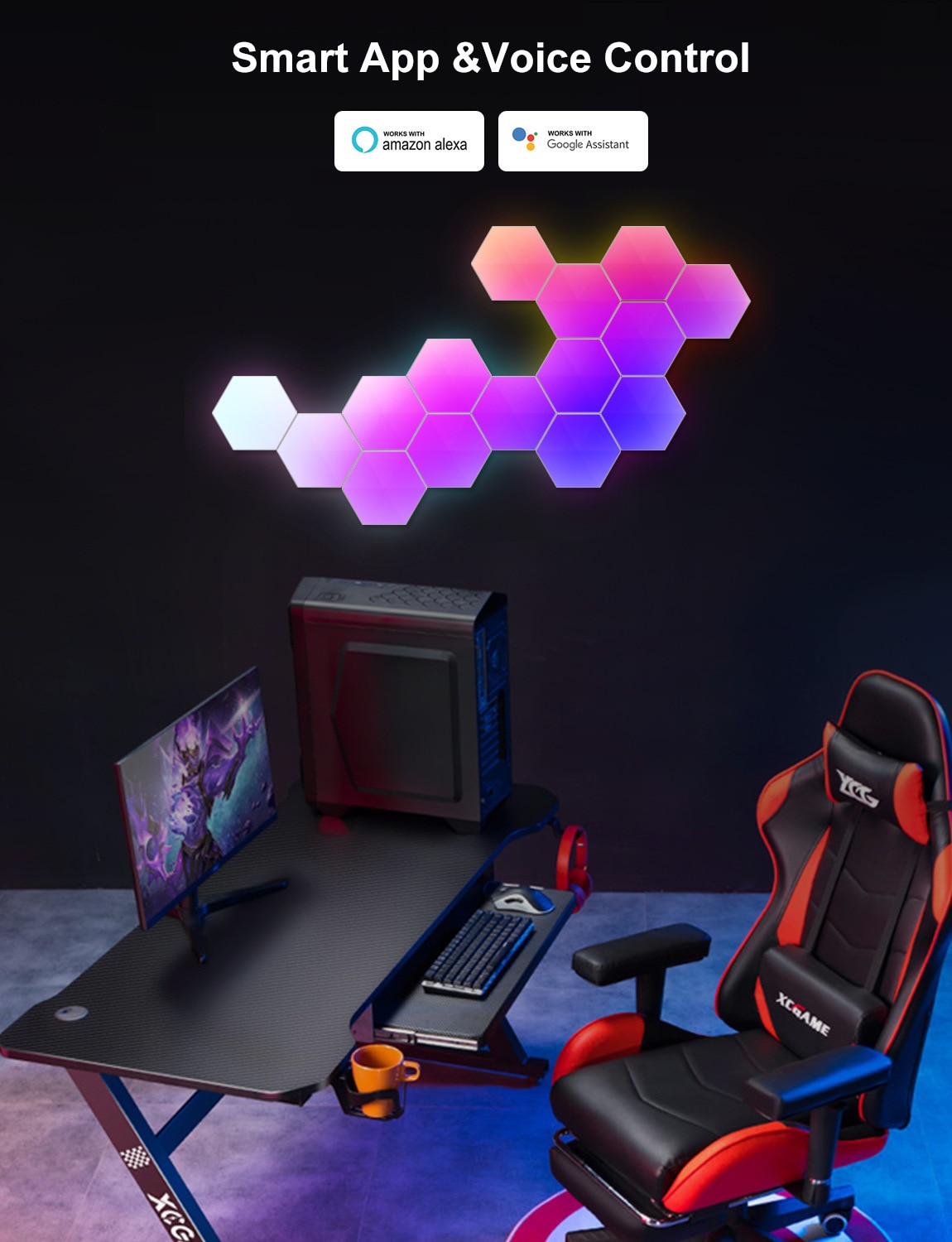 RGBIC Modern LED Wall Lamp With Smart APP Voice Control DIY Hexagonal Honeycomb Lights LED light For Computer Game Room Decor - Images 6