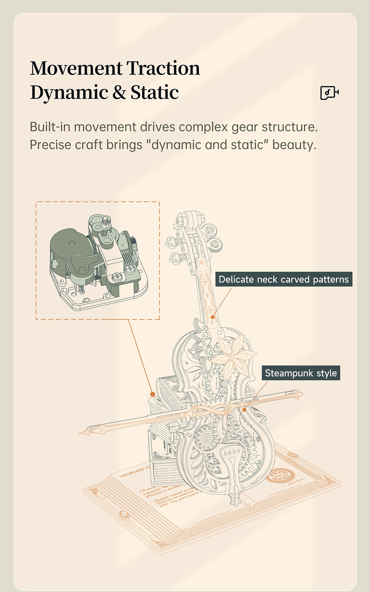 Robotime ROKR Magic Cello Mechanical Music Box Moveable Stem Funny Creative Toys for Child Girls 3D Wooden Puzzle AMK63 - Images 6