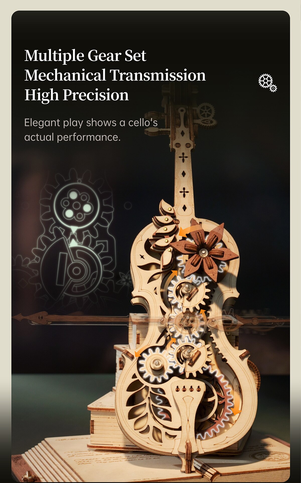 Robotime ROKR Magic Cello Mechanical Music Box Moveable Stem Funny Creative Toys for Child Girls 3D Wooden Puzzle AMK63 - Images 3