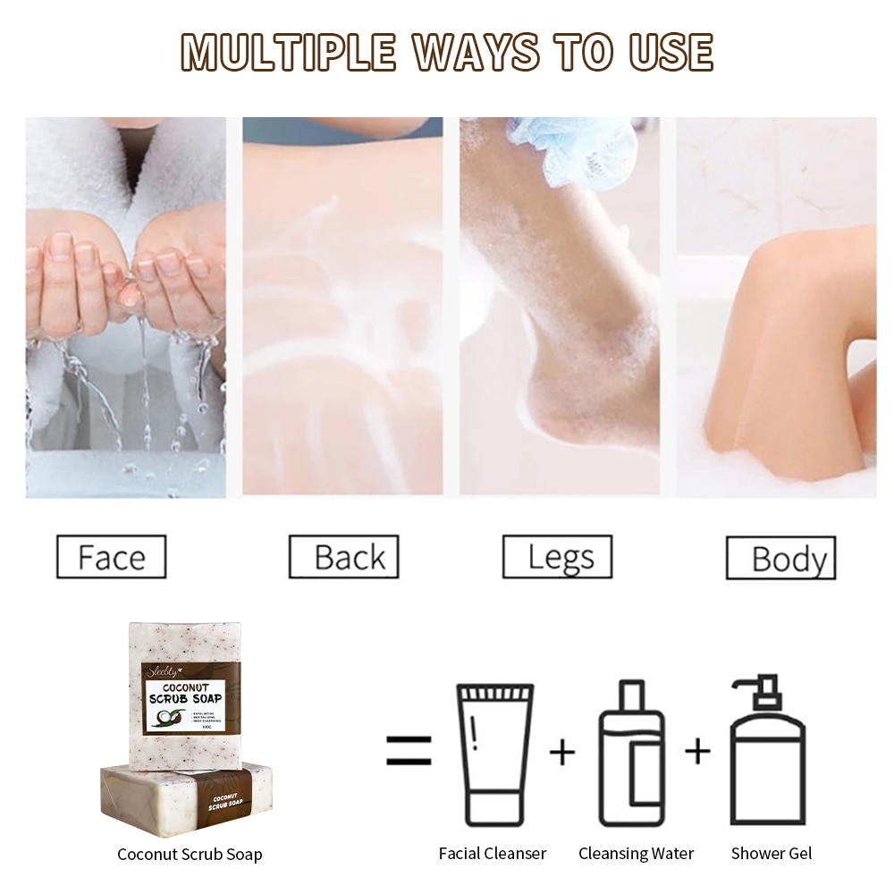 Sleebty 코코넛 스크럽 비누 도매 유기농 천연 순수 식물 에센스 비건 화이트닝 바디 케어 수제 페이셜 클렌징 바