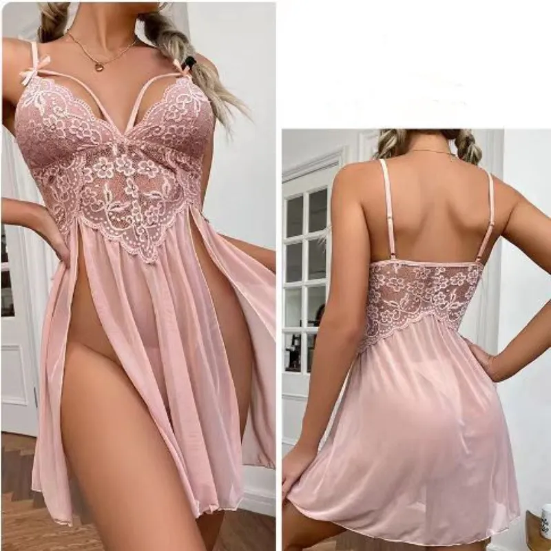 Sling Bộ Đồ Lót Ren Nữ Lưới Miếng Dán Cường Lực Treo Váy Dài T-Lưng Váy Ngủ Theo Quan Điểm V Sâu Váy Ngủ Thông