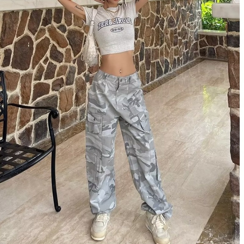 Spring And Autumn Spice Girls High Street Loose Outing Daily Pants Camouflage Print Drawstring Pocket Design Overalls