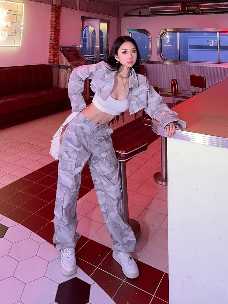 Spring And Autumn Spice Girls High Street Loose Outing Daily Pants Camouflage Print Drawstring Pocket Design Overalls - Images 5