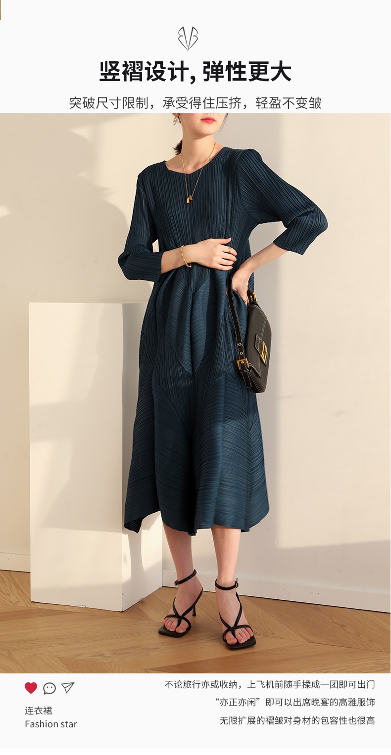 The new  Autumn Instagram-inspired Miyake pleated V-neck fashion European Street slimming mid-length dress - Images 2