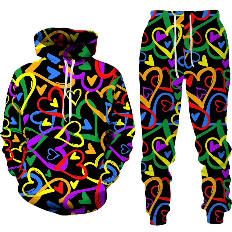 Women 2 Piece Sets Spring Autumn New Love Graffiti 3D Printed Hooded Pullover+Long Pants Oversized Hoodies Female Clothing - Images 3