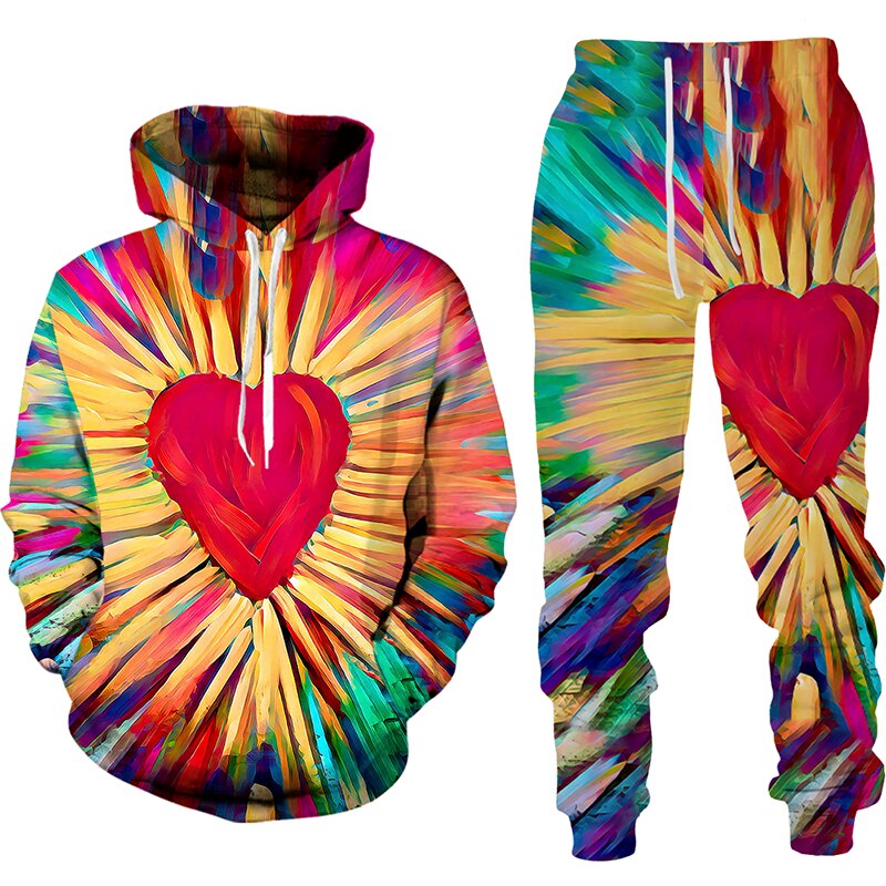 Women 2 Piece Sets Spring Autumn New Love Graffiti 3D Printed Hooded Pullover+Long Pants Oversized Hoodies Female Clothing