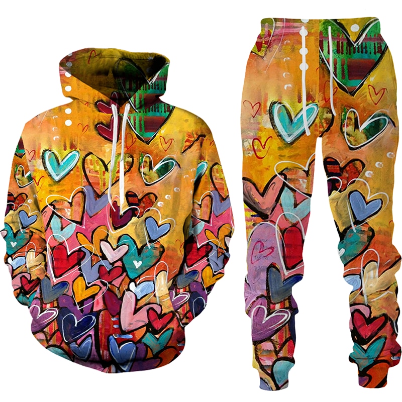 Women 2 Piece Sets Spring Autumn New Love Graffiti 3D Printed Hooded Pullover+Long Pants Oversized Hoodies Female Clothing