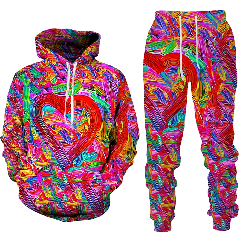 Women 2 Piece Sets Spring Autumn New Love Graffiti 3D Printed Hooded Pullover+Long Pants Oversized Hoodies Female Clothing - Images 7