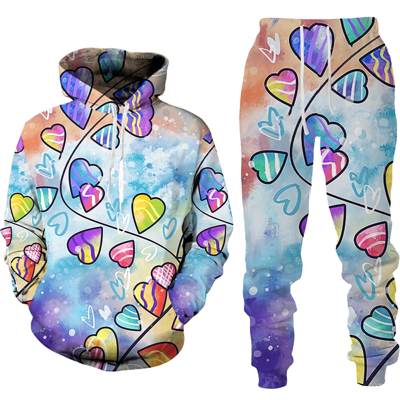 Women 2 Piece Sets Spring Autumn New Love Graffiti 3D Printed Hooded Pullover+Long Pants Oversized Hoodies Female Clothing
