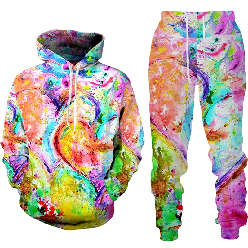 Women 2 Piece Sets Spring Autumn New Love Graffiti 3D Printed Hooded Pullover+Long Pants Oversized Hoodies Female Clothing - Images 4